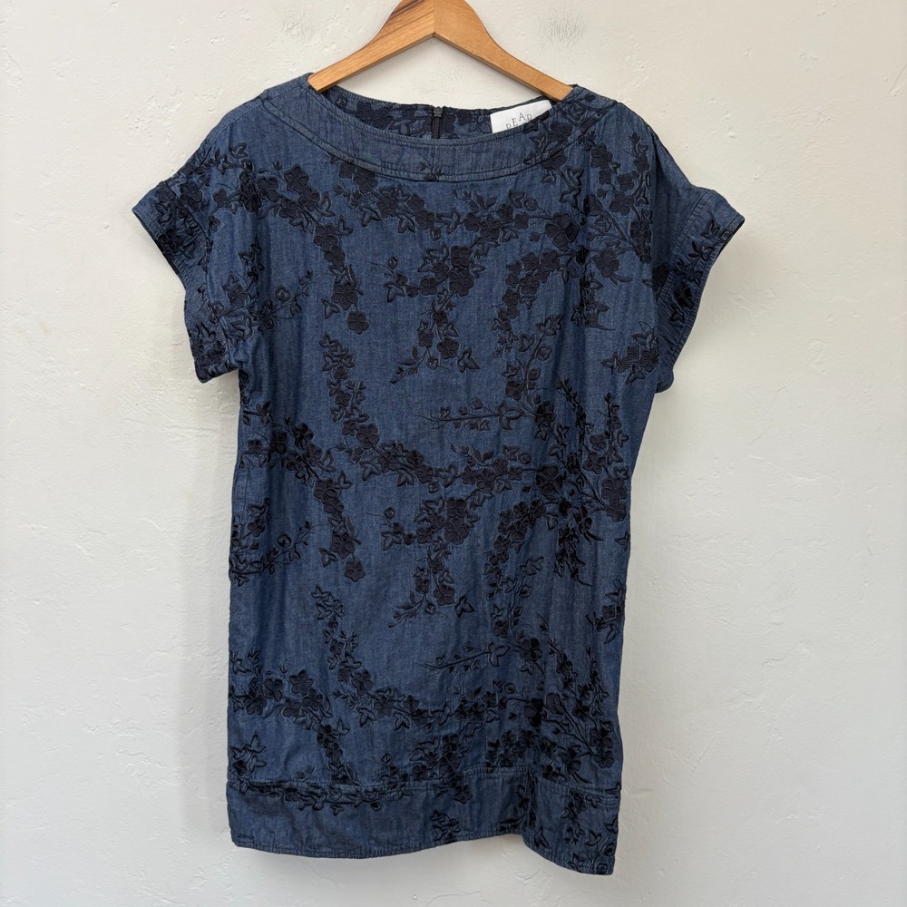 Pearl Lela Rose Chambray Dress Women Size XS Blue Floral Shift Short Sleeve